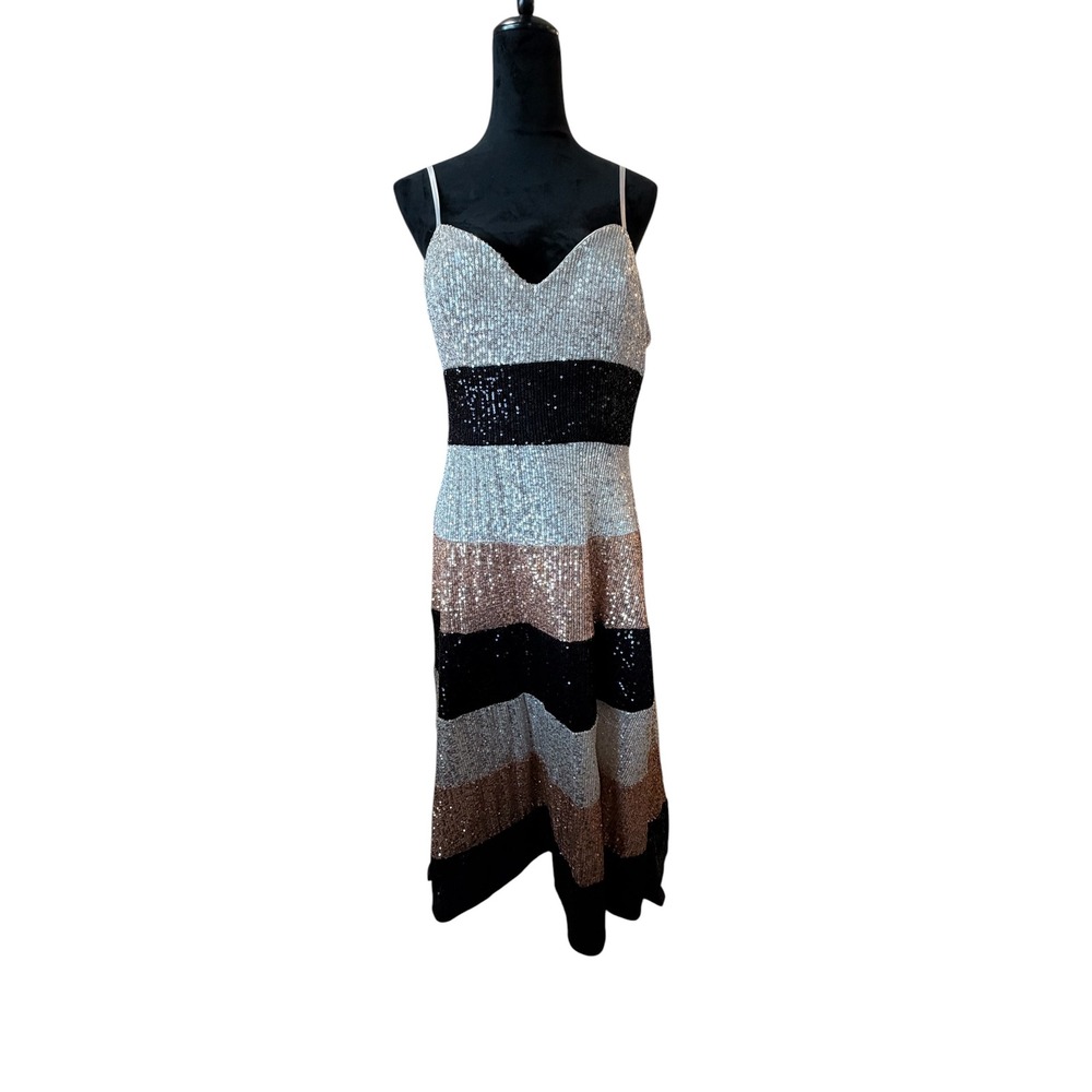 Maison Tara Womens Sequin Stripe Midi Dress Silver Rose Gold Black Size 12 NWT